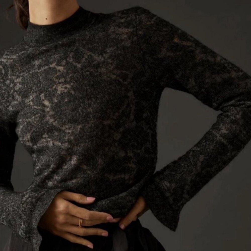 Anthropologie Sweater Lrg Hanna Lace Merino Wool Mock Neck Charcoal Sheer Witchy